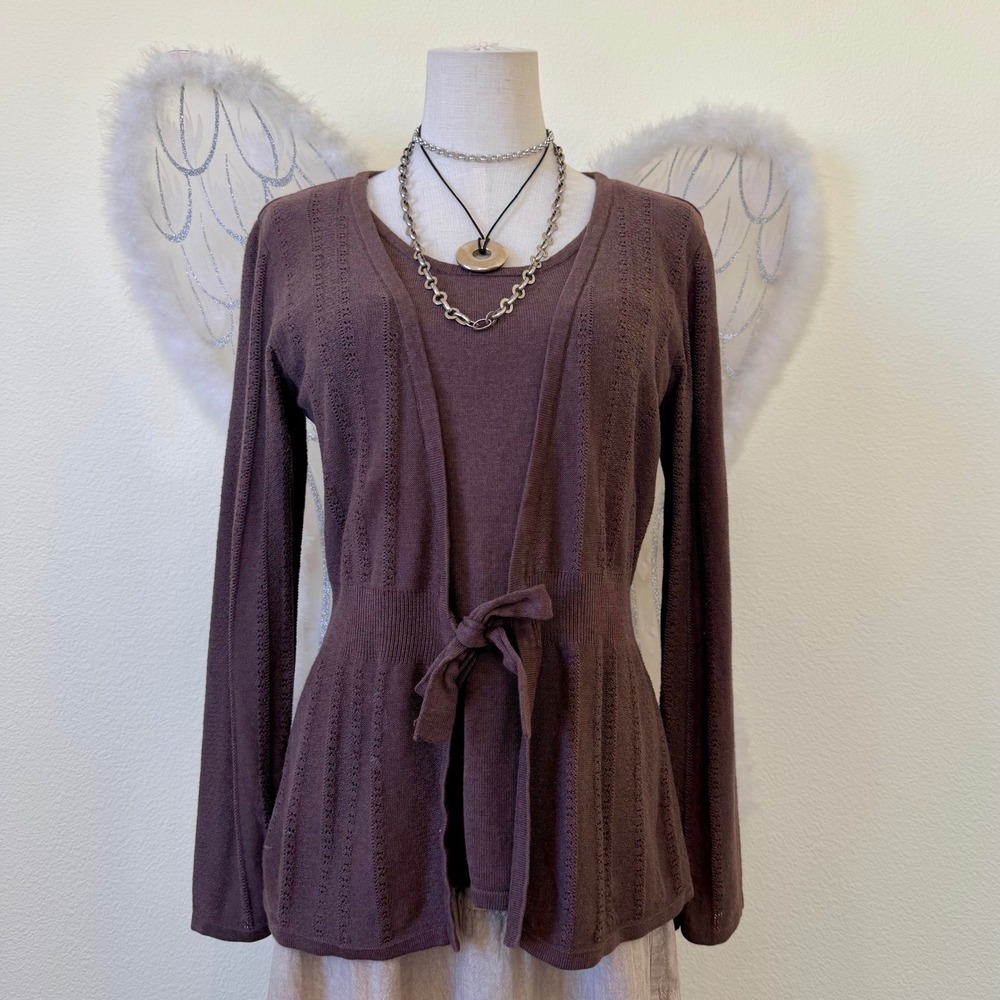Mori Girl Layered Brown Knit Tie Front Cardigan Sweater Boho Bow Girly‎ Grunge